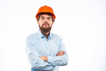 man in shirt orange helmet engineer professional work