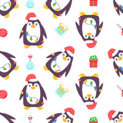 Penguins seamless pattern. Cartoon penguin in a hat, scarf and garlands. Vector cute winter illustration blue background. Merry Christmas and Happy New Year seamless pattern with penguins in vector