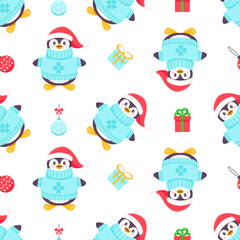 Penguins seamless pattern. Cartoon penguin in a cap, scarf and snowflakes. Vector cute winter illustration blue background. Merry Christmas and Happy New Year seamless pattern with penguins in vector