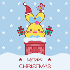 Merry Christmas! Happy cute bunny in chimney.