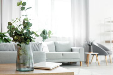 Vase with eucalyptus and laptop on table in modern living room