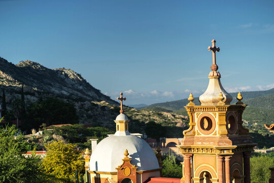 colorful church in Bernal, Mexico