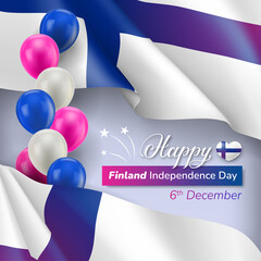 Happy Finland Independence Day, 6th December banner template. National holiday poster, card, background with waving Finnish flag and inflatable balloons realistic vector illustration