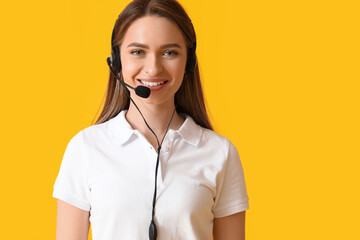 Female technical support agent on color background