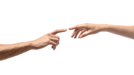 Woman and man reaching out to each other on white background