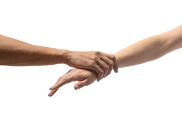 Man holding woman's hand on white background