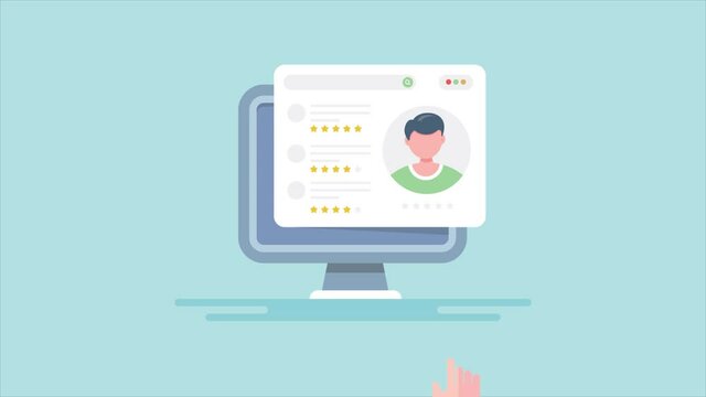 Happy customer experience, customer rating and five star survey online concept, business communication, company support and client relationship management. 2d animation 4k video clip.  