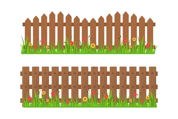 Tuinposter wooden fence with grass and flowers vector illustration © Sabavector