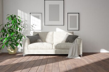 modern room with sofa,pillows,plaid,plant in pt and frames interior design. 3D illustration