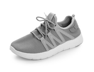 Sportive shoe with tied lace on white background