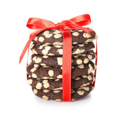 Delicious chocolate cookies with ribbon on white background