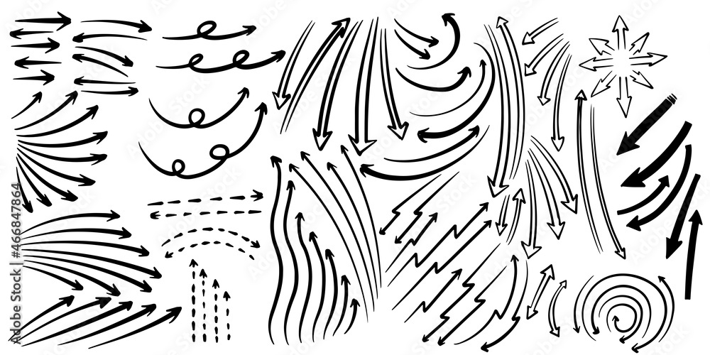 Poster set of vector curved arrows hand drawn. sketch doodle style isolated on white background. collection