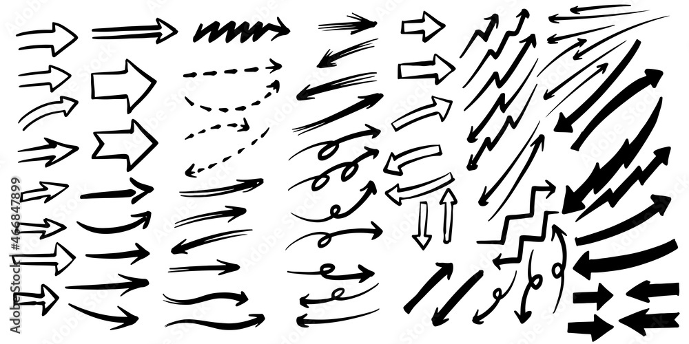 Poster set of vector curved arrows hand drawn. sketch doodle style isolated on white background. collection