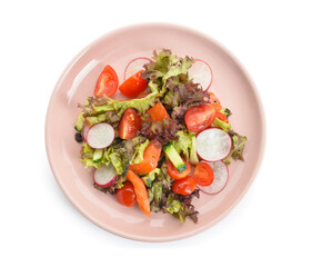 Delicious salad with salmon and vegetables in plate on white background