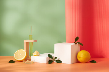 Lemon extract white podium in a test tube with green background with green leaf , sliced lemon , blank space for advertising , front view