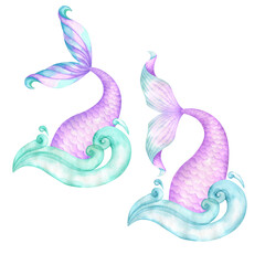 Watercolor mermaid tail in waves © Vilena
