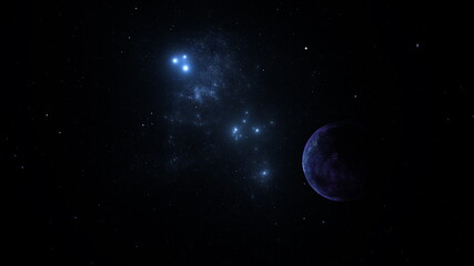 Planet in galaxy star clusters, colored gas clouds in abstract space. Outer space. Space nebula. 3d render
