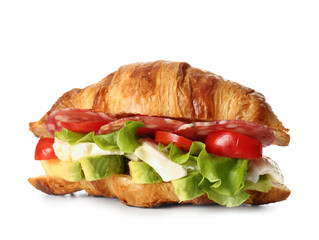 Delicious croissant sandwich on white background
