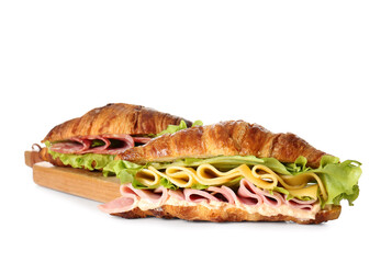 Delicious croissant sandwiches on white background