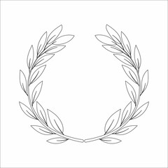 Black and white outline wreath with olive branches and olives isolated on white background. Round floral frame. Linear vector illustration