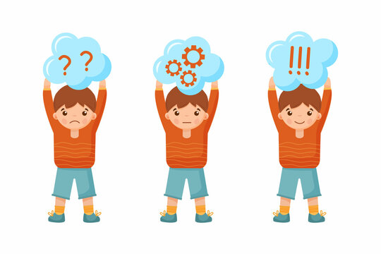 Child question. Thoughtful young boy ask question, confused kid and understand or found answer. Confuse kid contemplation thinking expression with intelligent face cartoon vector portrait illustration