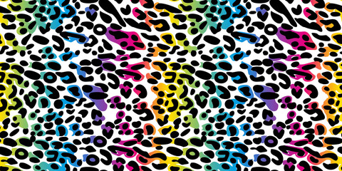 Rainbow leopard seamless pattern. Colorful neon vector background. Gradient wallpaper.
