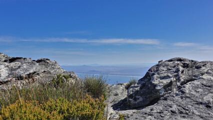 Fototapeta na wymiar The top of Table Mountain in Cape Town. The Atlantic Ocean is visible through the gap between the gray boulders. Fynbos grows on rocks. Blue sky. A sunny summer day. South Africa