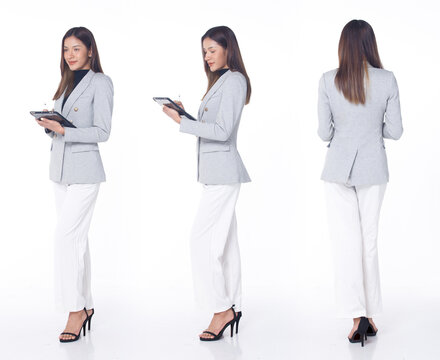 Collage Group Full length Figure snap of 20s Asian Woman brown hair business suit pant and high - Powered by Adobe