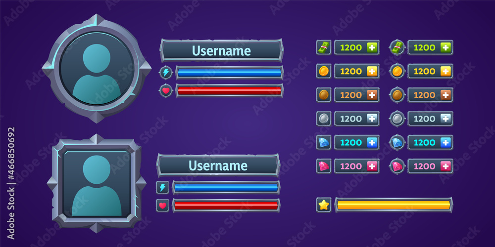 Poster game ui profile, user menu interface 2d graphic design with frame for avatar, username plaques, life
