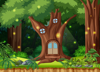 Enchanted forest background with tree house