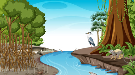 Mangrove forest at daytime scene with wild animals