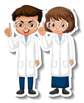 Scientist couple kids cartoon character sticker