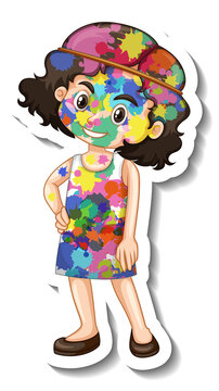 Happy girl with colour on her body sticker on white background
