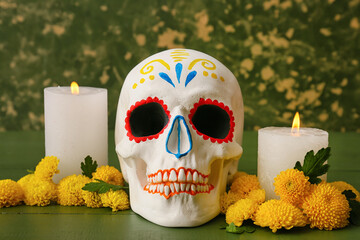Painted human skull for Mexico's Day of the Dead (El Dia de Muertos), candles and flowers on green...