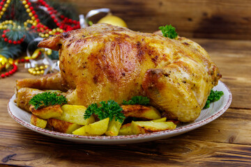 Baked whole chicken with potato and Christmas decorations on a wooden table