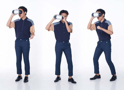 Set of Three full length of 20s Asian man learn VR virtual reality device in simulator world
