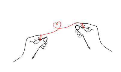 continuous drawing of one line of a man's hand and a woman's hand connected by a thin red thread in the shape of a heart