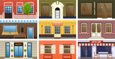 Street retail building exterior set. Real estate architecture cartoon vector