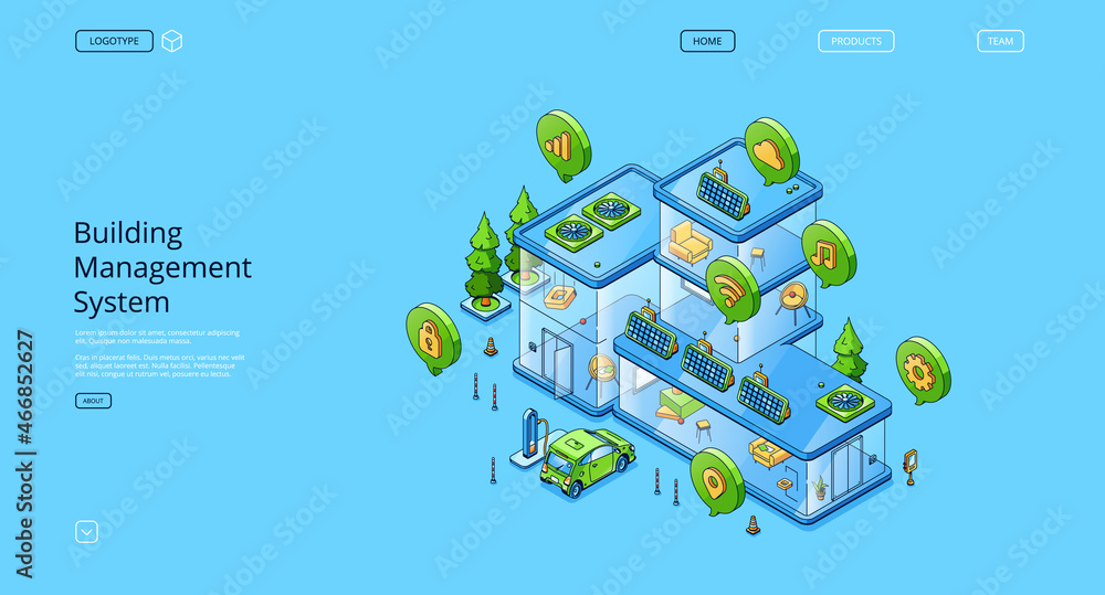 Poster business management system isometric landing page, computer-based control installed in buildings tha