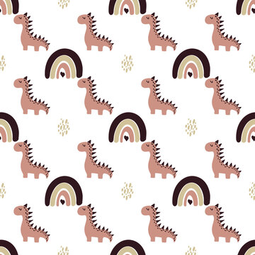 seamless pattern with baby dinosaur and rainbow. Seamless pattern with cute dinosaurs and rainbows. Vector for fabric, textile, nursery wallpaper. Scandinavian illustration in hand drawn doodle style