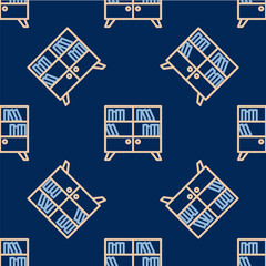 Line Library bookshelf icon isolated seamless pattern on blue background. Vector