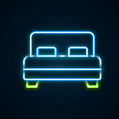 Glowing neon line Big bed for two or one person icon isolated on black background. Colorful outline concept. Vector