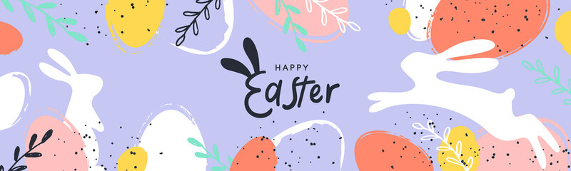Happy Easter banner. Trendy Easter design with typography, hand painted strokes and dots, eggs and bunny in pastel colors. Modern minimal style. Horizontal poster, greeting card, header for website