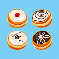 Hanukkah doughnut. Traditional Jewish holiday food set.Vector cartoon illustration. Isolated background
