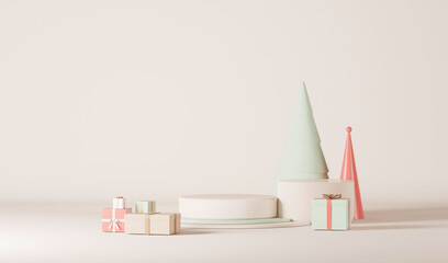 Fototapeta na wymiar Minimal scene with gifts and pine trees, podium. Beige and red, pastel blue shapes. For christmas holiday winter concept and magazines, poster, banner. 3D rendering 
