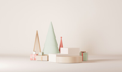 Minimal scene with gifts and pine trees, podium. Beige and red, pastel blue shapes. For christmas holiday winter concept and magazines, poster, banner. 3D rendering
