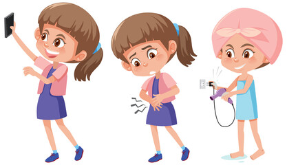 Set of a girl cartoon character doing different activities