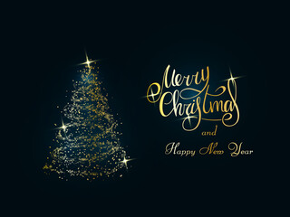 Handwritten golden lettering on a dark blue background. Magic golden Christmas tree of snowflakes and snowstorms. Merry Christmas and Happy New Year 2022.