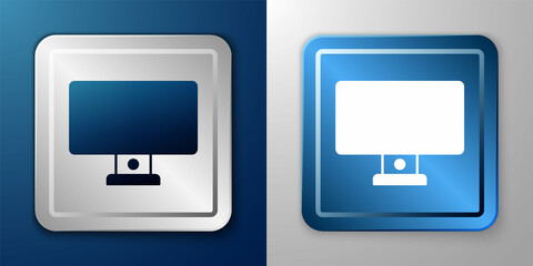 White Computer monitor icon isolated on blue and grey background. PC component sign. Silver and blue square button. Vector