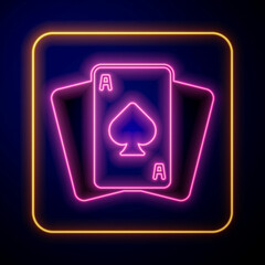 Glowing neon Playing cards icon isolated on black background. Casino gambling. Vector